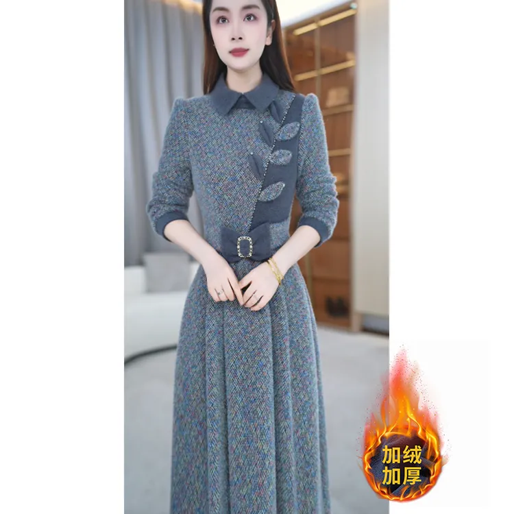 【玖慕】冬季新款高端典雅简约显瘦气质减龄保暖中长款连衣裙M-4XL