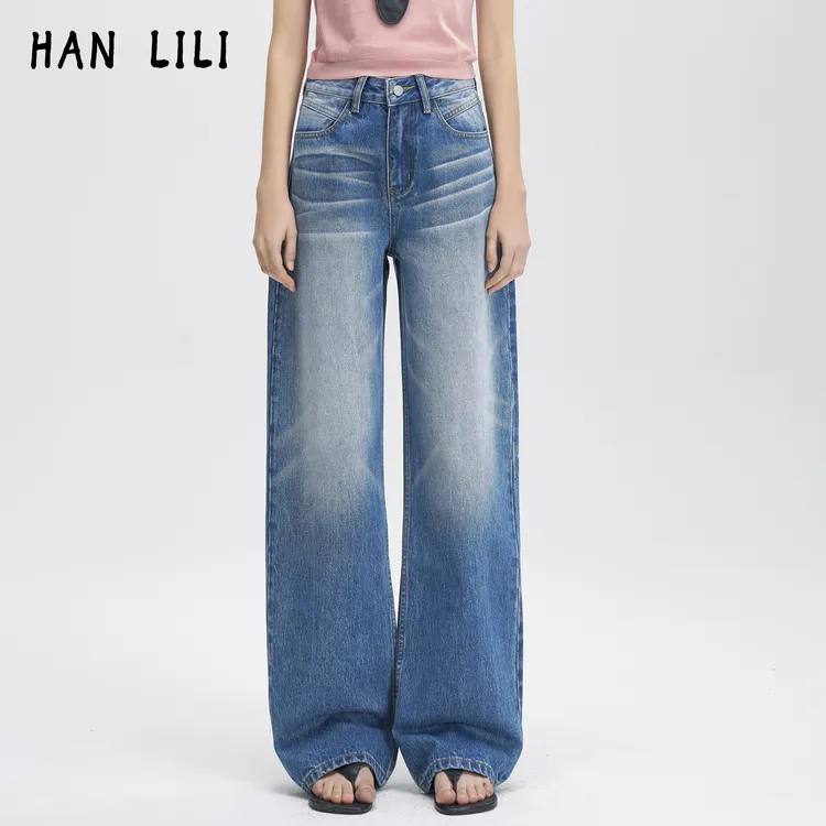 HAN LILI 磨白做旧折痕垂感挺阔牛仔裤 3121