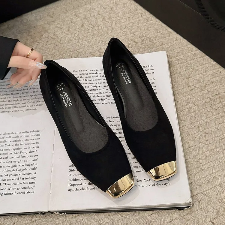 气质单鞋女浅口2025新款粗跟鞋子法式平底低跟瓢鞋黑色工作四季鞋