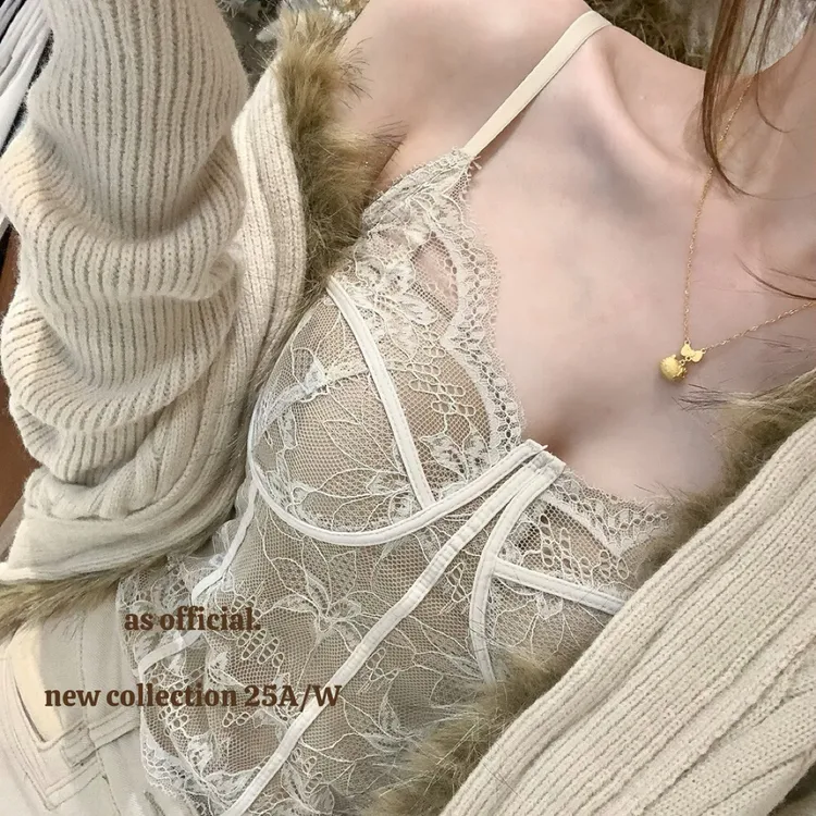 纯欲蕾丝背心女带胸垫固定一体杯内搭打底无袖上衣