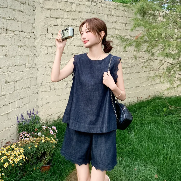 蕾丝花边复古牛仔套装裤2025女夏新款松弛感穿搭显瘦无袖两件套潮