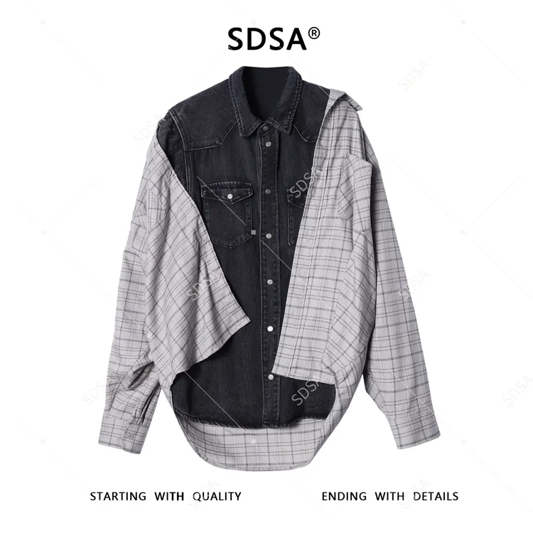 SDSA秋冬新款痞帅男装潮牌牛仔拼接设计翻领长袖衬衫宽松街头衬衣