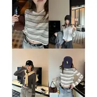 THEISSN宁司 撞色条纹圆领正肩T恤女秋季设计感短款上衣 01485