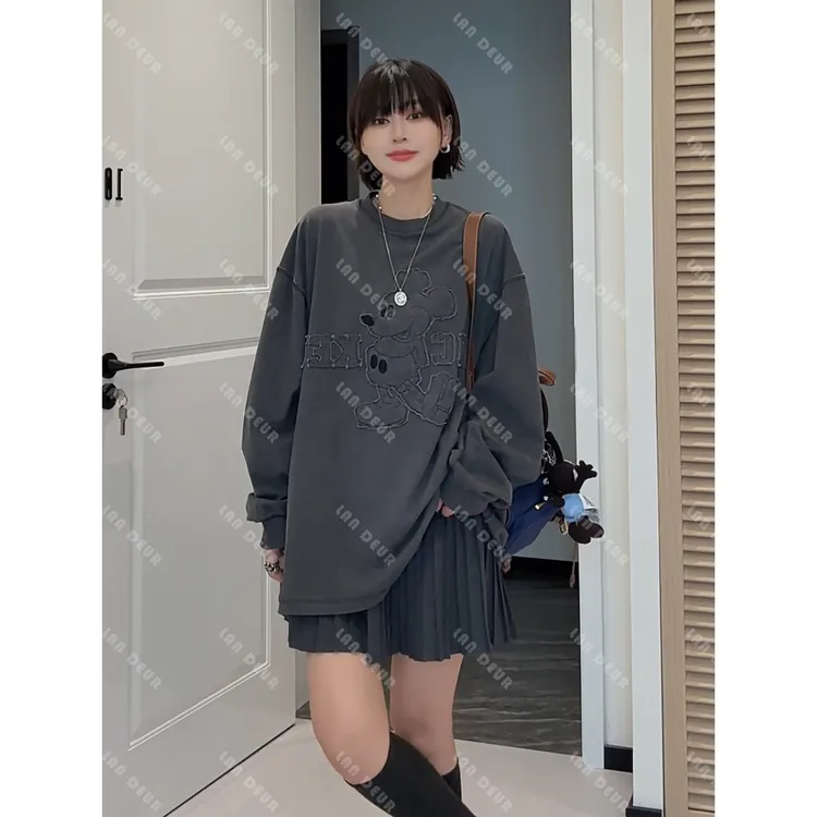 【趣味米奇】反做设计感气质水洗做旧米奇休闲中长款宽松长袖卫衣女