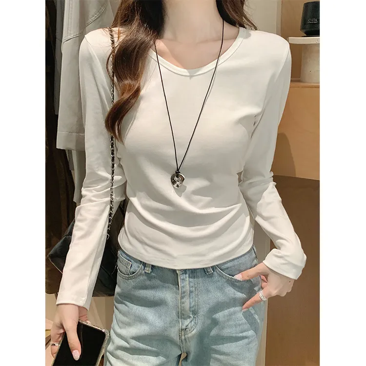 白色慵懒风V领正肩长袖t恤女2025秋季收腰内搭修身显瘦辣妹上衣