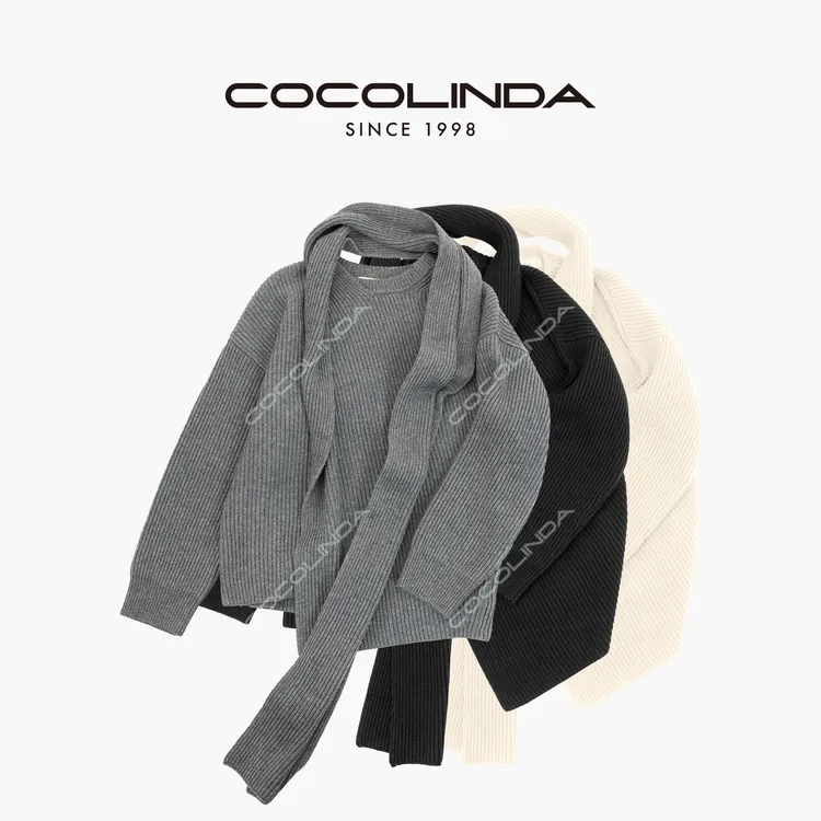 COCOLINDA  |绵羊毛7针斜纹坑条长袖飘带毛衣S5249