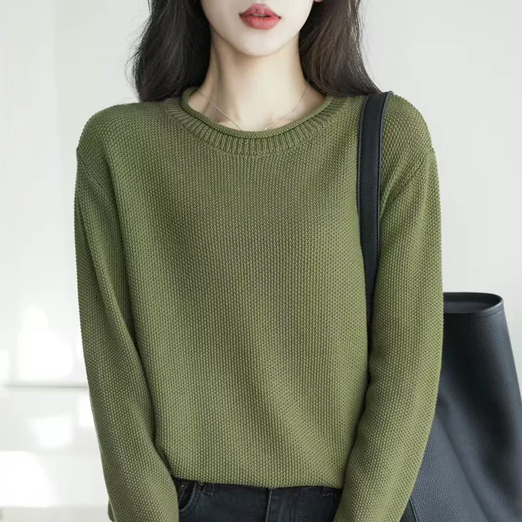 舒适透气纯棉线针织衫女休闲宽松慵懒风百搭圆领打底上衣2025春季