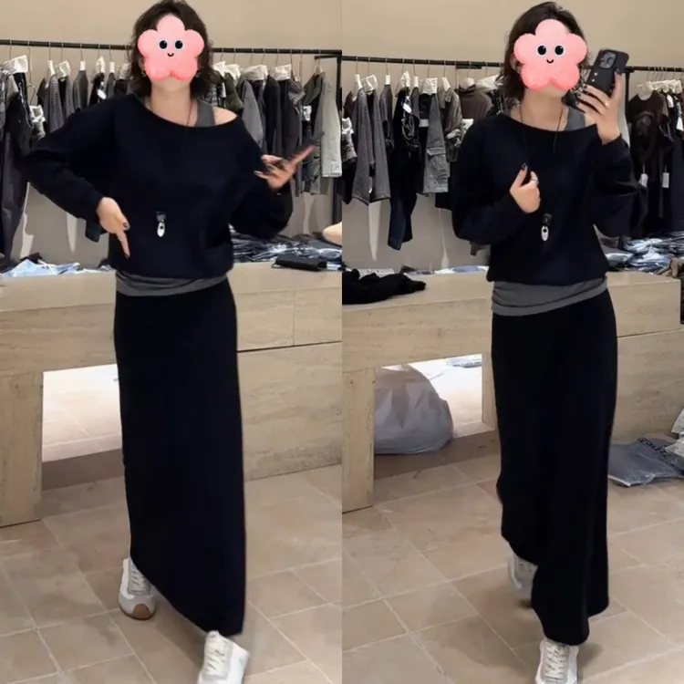 2025秋款设计感背心上衣假两件+开叉高腰直筒半身裙LK2505616