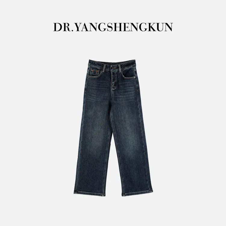 杨圣坤2025冬季新品半月刺绣水洗蓝加绒窄版直筒牛仔裤ES25102258