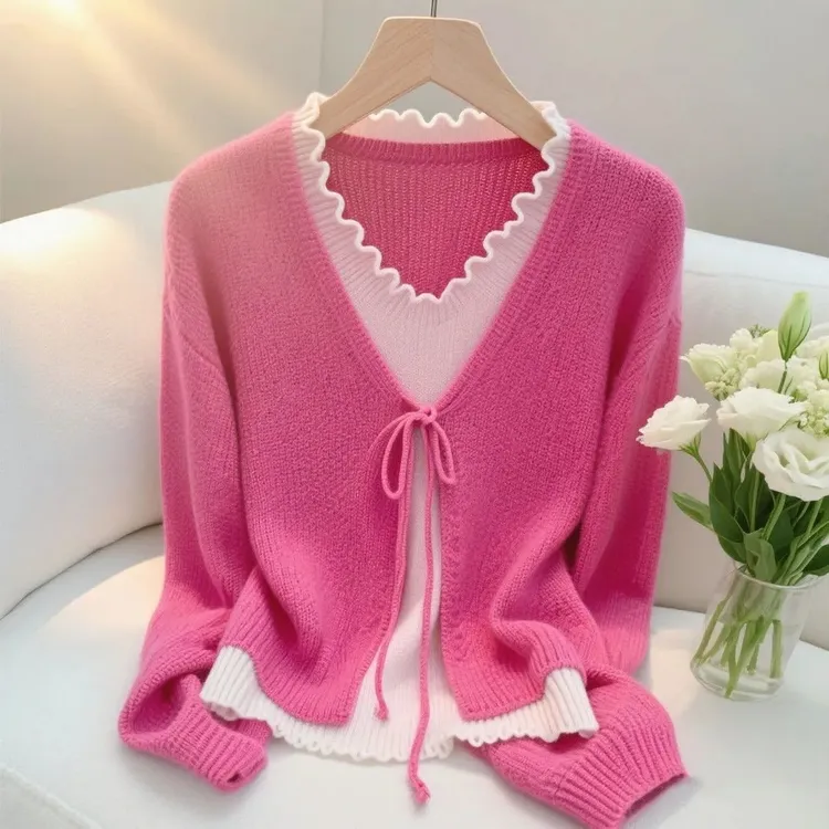 设计感木耳边v领系带针织衫女秋冬季新款宽松显瘦假两件套头毛衣