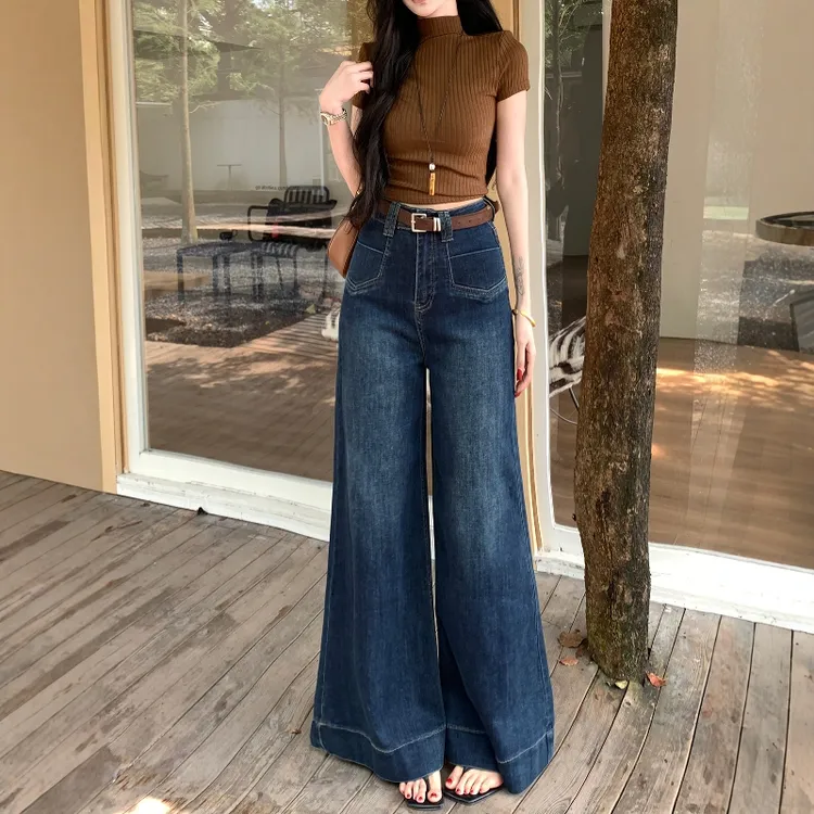 【研思家】深色复古宽边大阔腿牛仔裤女2025秋季口袋装饰高腰拖地裤