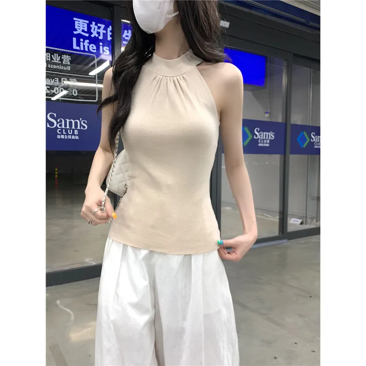 韩版小众百搭后背飘带修身挂脖背心女气质简约设计感外穿弹力上衣