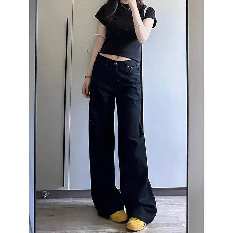 美式黑色直筒牛仔裤女2025年夏季新款高腰宽松显瘦阔腿拖地裤子