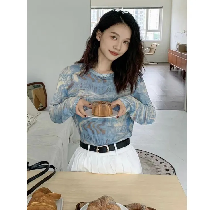 复古蓝色扎染薄款网纱长袖T恤女夏季捏褶收腰设计感百搭防晒上衣