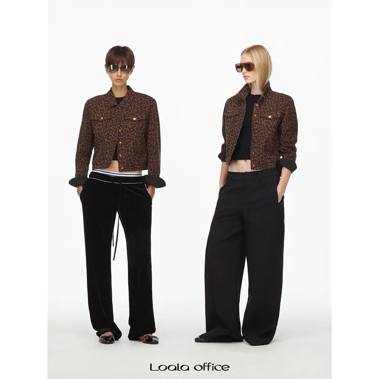 Loala office 复古做旧中古感豹纹小翻领牛仔短夹克
