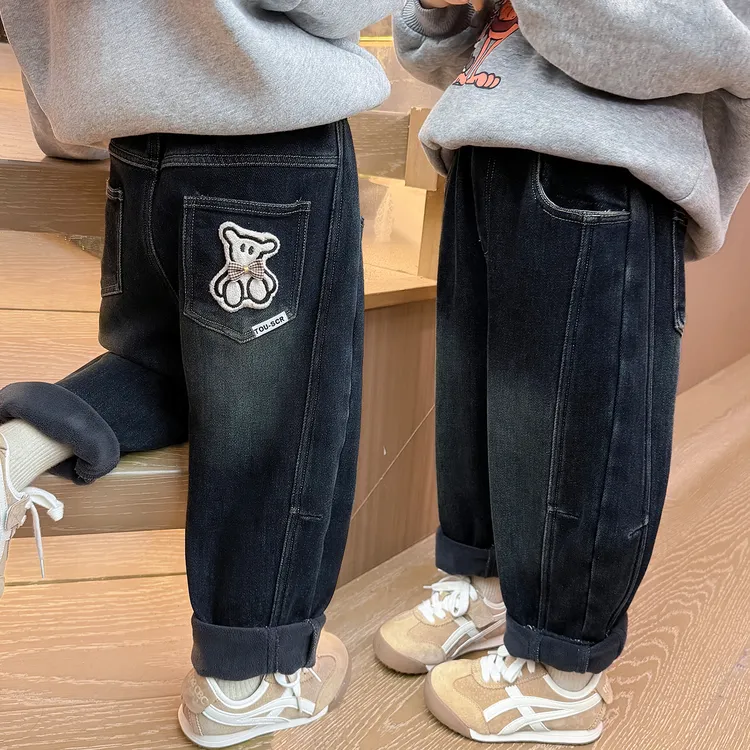 女童加绒弯刀牛仔裤加厚一体绒儿童萝卜老爹裤子宝宝秋冬装25新款