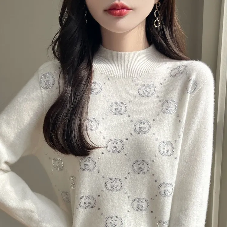 100%羊毛秋冬半高领烫钻宽松套头针织打底衫女显瘦百搭洋气气质款