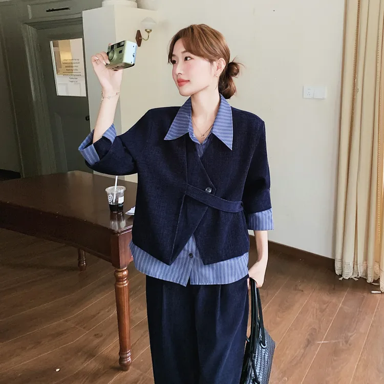 韩系气质慵懒风时尚套装女2025秋季新款假两件外套阔腿裤两件套