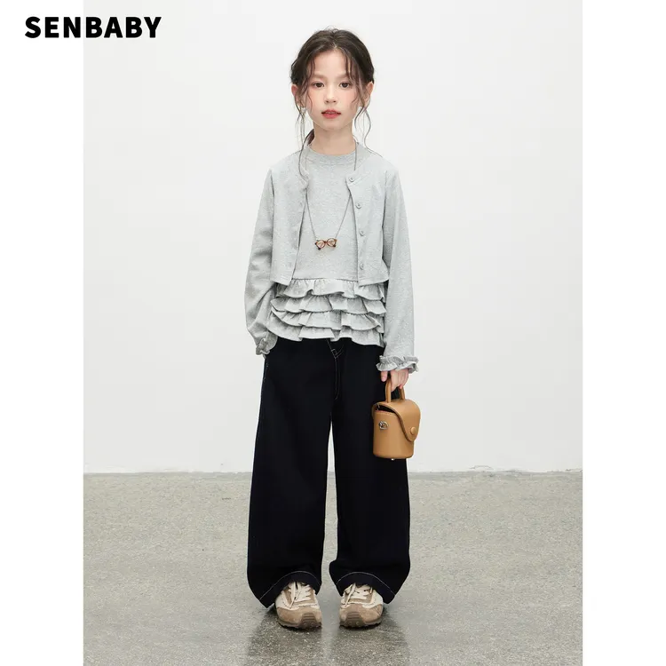【现货】senbaby女童卫衣秋季新款长袖卫衣灰色木耳边假两件外套