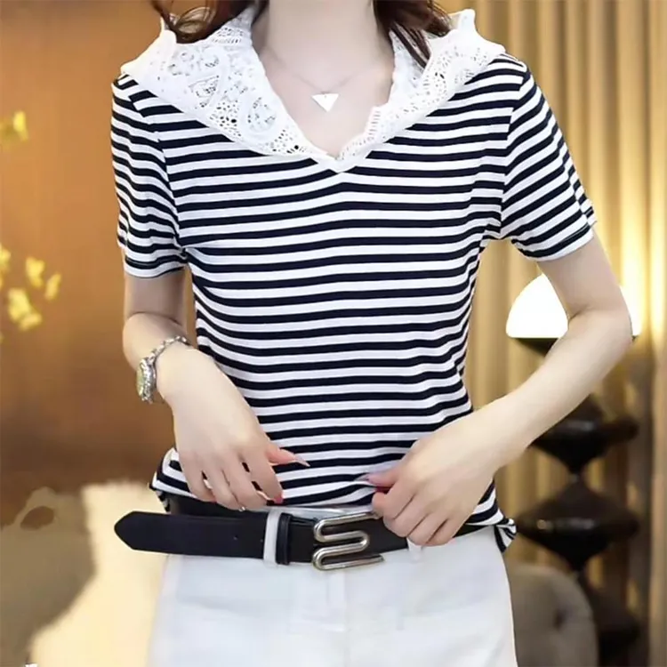2025年夏季新款时尚设计感条纹短袖T恤女装宽松显瘦上衣通勤简约