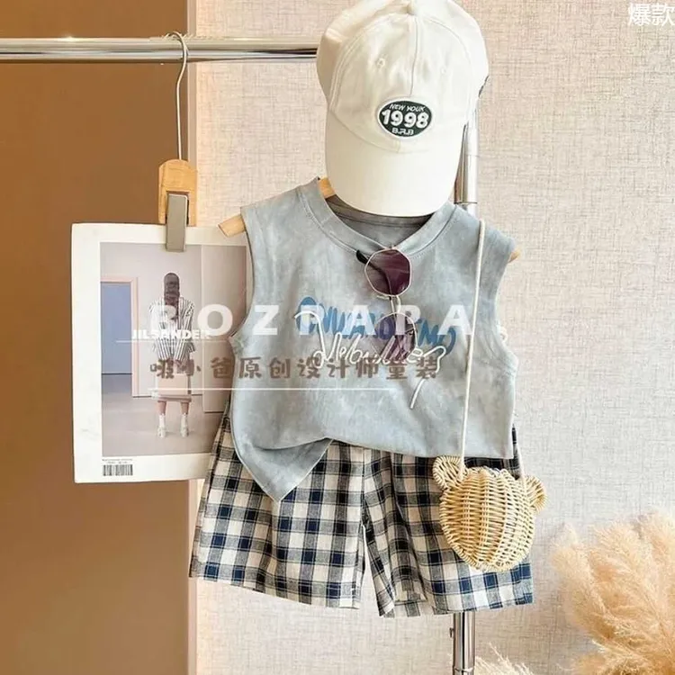 儿童夏季背心套装2025新款男女童扎染印花背心宝宝格子短裤两件套
