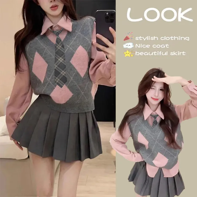 秋季穿搭一整套学院风针织马甲衬衫百褶裙韩剧穿搭时尚三件套