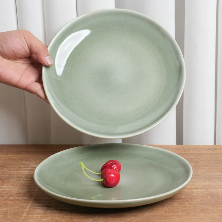 【正品】小盘釉下彩陶瓷盘家用复古窑变绿平盘高颜值餐盘ZD