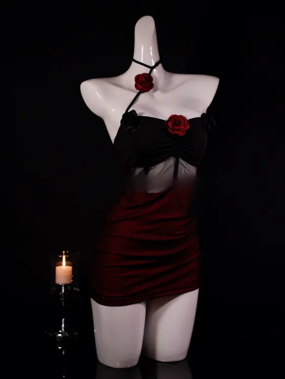 私密马赛「暗夜玫瑰」蕾丝网纱挂脖吊带镂空性感包臀睡裙纯欲qqny