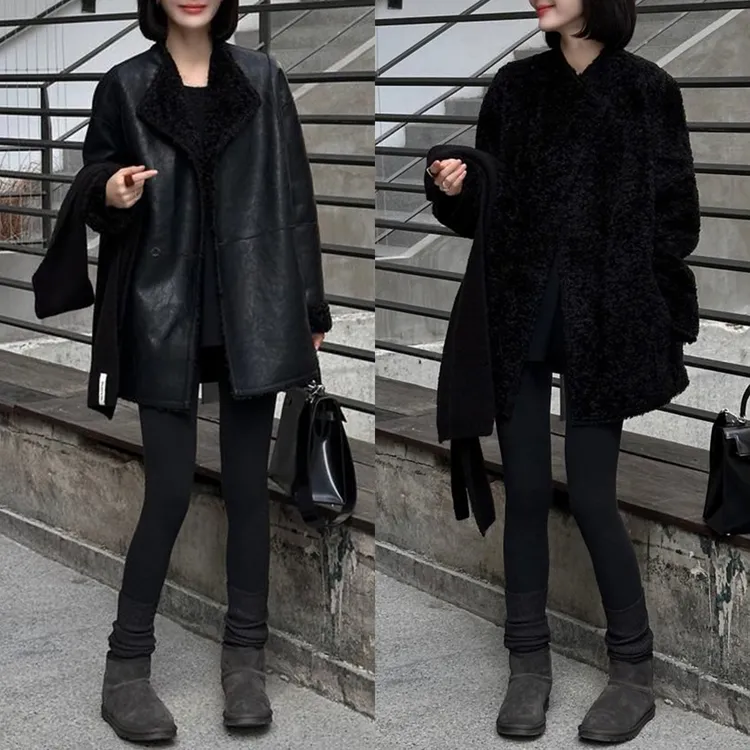 韩系气质时髦双面穿皮毛一体外套女2025冬新款设计感中长款夹克