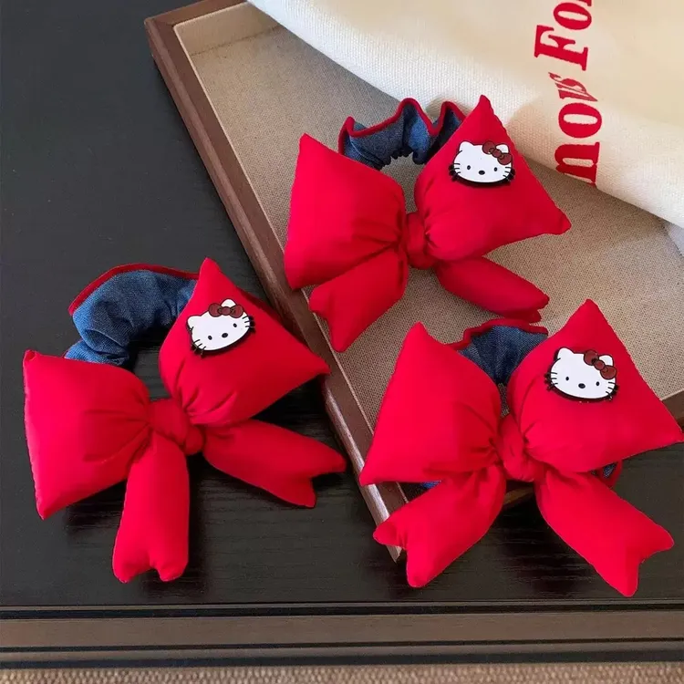 韩系红蓝撞色蝴蝶结珍珠大肠发圈女高级感超大丸子头马尾儿童发饰