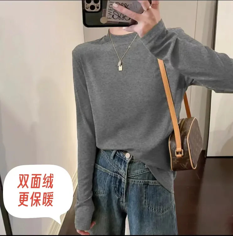 【双面绒更保暖】2025新款半高领长袖显瘦立领T恤宽松女气质内搭