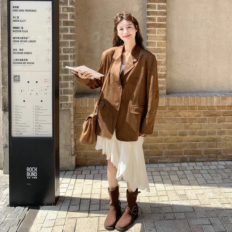 气质通勤风中长款西装百搭外套女2025秋季新款复古休闲学院风外套