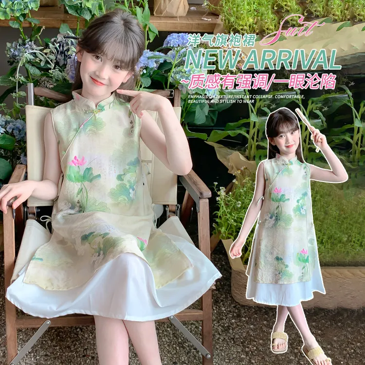 女童旗袍裙夏季爆款中大童复古连衣裙小女孩国风汉服儿童中式裙子