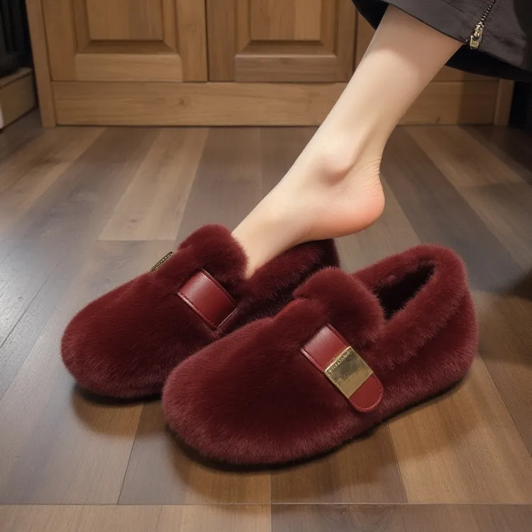 【水貂绒】红色毛毛鞋女2025新款冬季韩版外穿本命年一脚蹬豆豆鞋