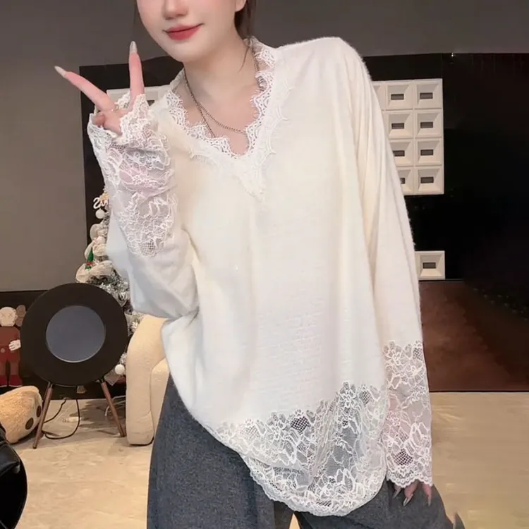 法式白色V领衬衫女士2025新款洋气减龄宽松休闲蕾丝衫设计感上衣