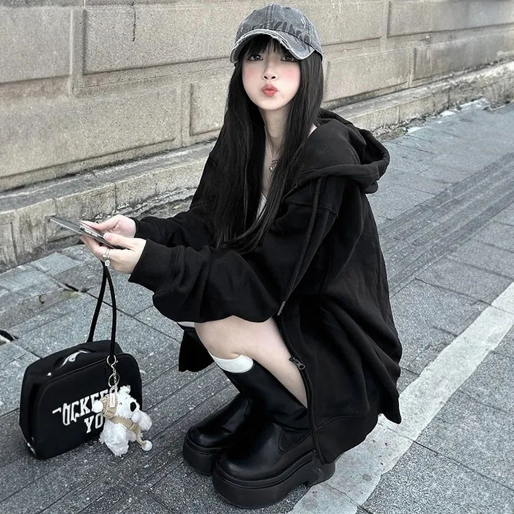 黑色连帽卫衣外套女秋冬加绒加厚2025新款爆款开衫宽松巨好看上衣
