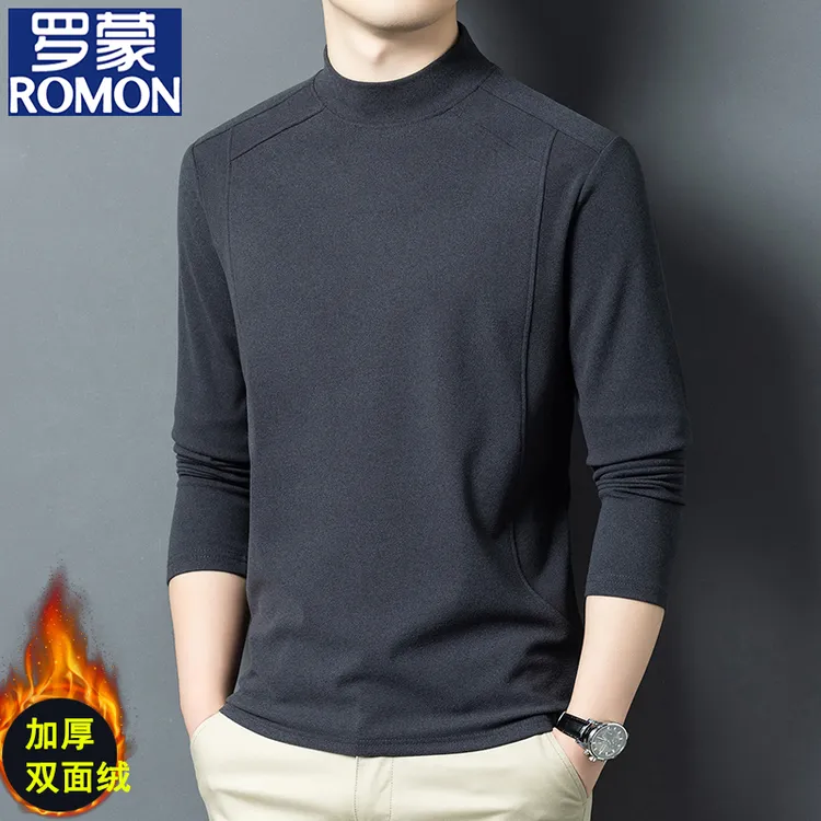 罗蒙冬季德绒半高领长袖卫衣男士加厚防寒保暖打底衫纯色休闲T恤