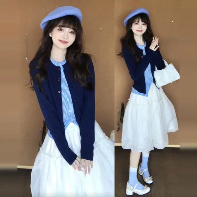 韩系甜美风长袖针织拼接外套上衣高腰网纱蓬蓬A字半身中长裙套装