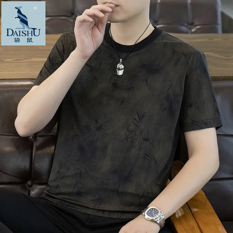 Dai Shu/袋鼠夏季冰丝短袖T恤透气男士休闲百搭潮流男装印花上衣