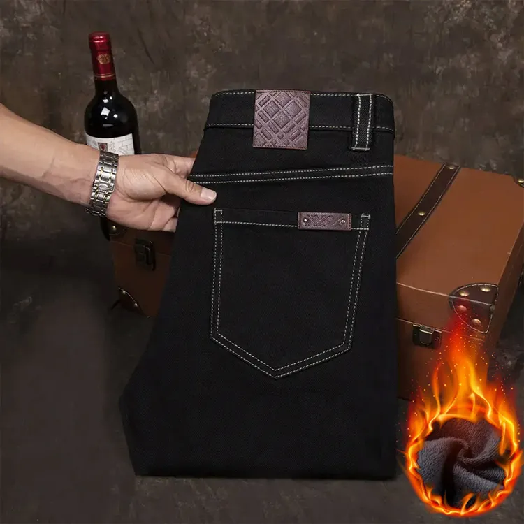 男士牛仔裤男2025秋季高端新款修身明线潮流商务纯黑加绒小脚长裤