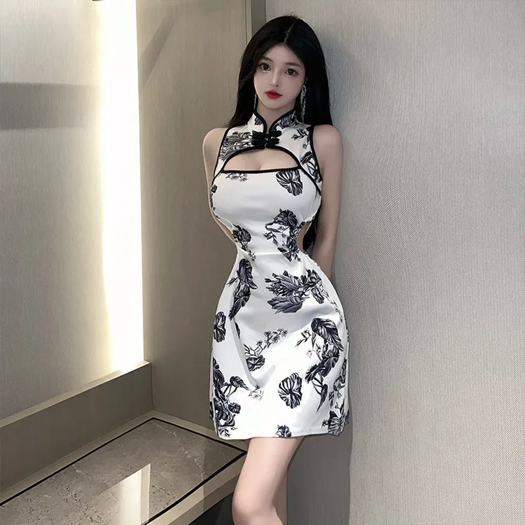 新中式气质显瘦复古印花改良旗袍短款修身连衣睡裙