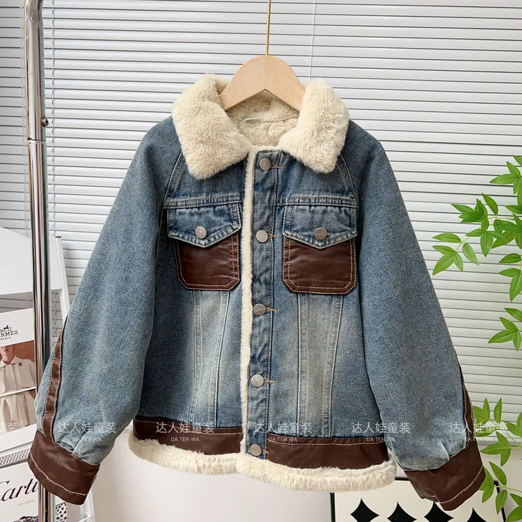（实体品质）2025年新款女牛仔男拼色外套保暖B类冬季加绒秋冬加厚