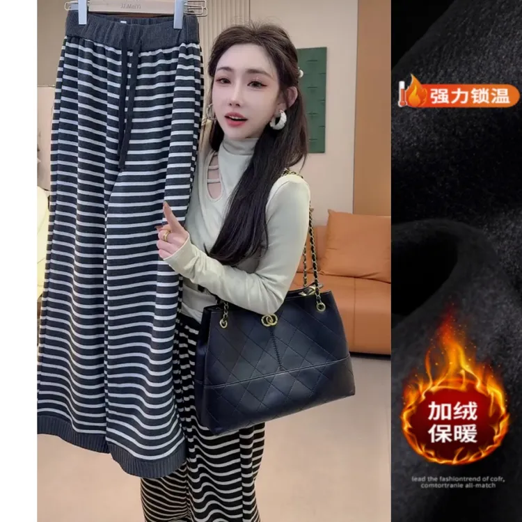 景倩妮今年爆款洋气条纹休闲裤2025年秋冬新款加绒显瘦窄版阔腿裤