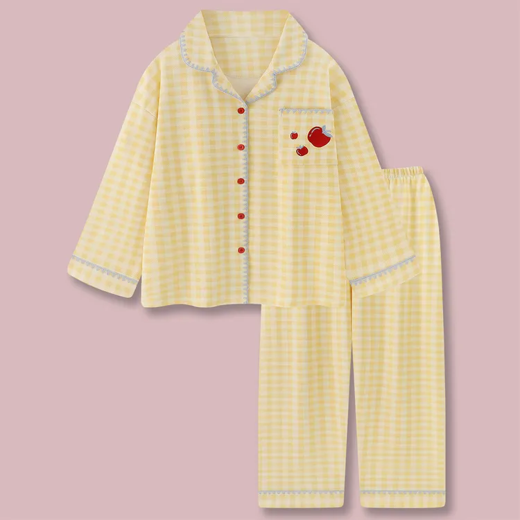 『奶酪苹果』甜美卡通纯棉睡衣女春秋冬季新款长袖格子家居服套装