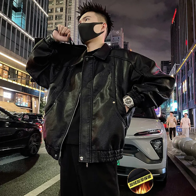 男士加绒加厚皮衣外套秋冬新款痞帅休闲百搭翻领皮夹克潮流机车服