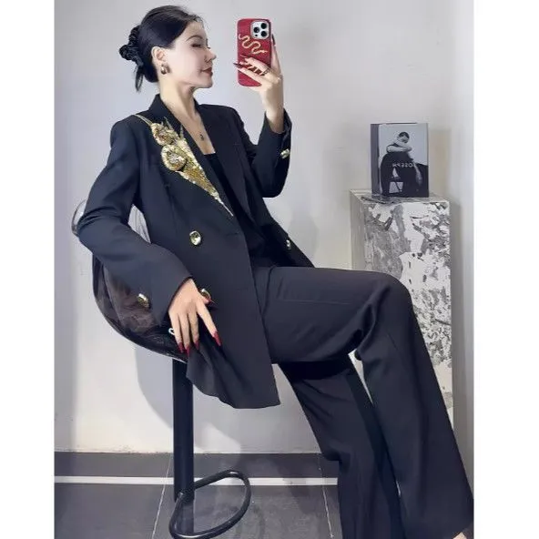 943秋冬高级感新款高级感职业西服套装御姐气质金花两件套装女