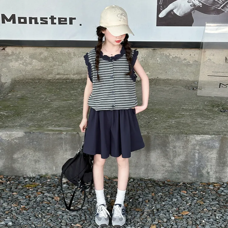 女童花边条纹衫套装半身裙韩范洋气2025新款中大童甜酷女孩两件套