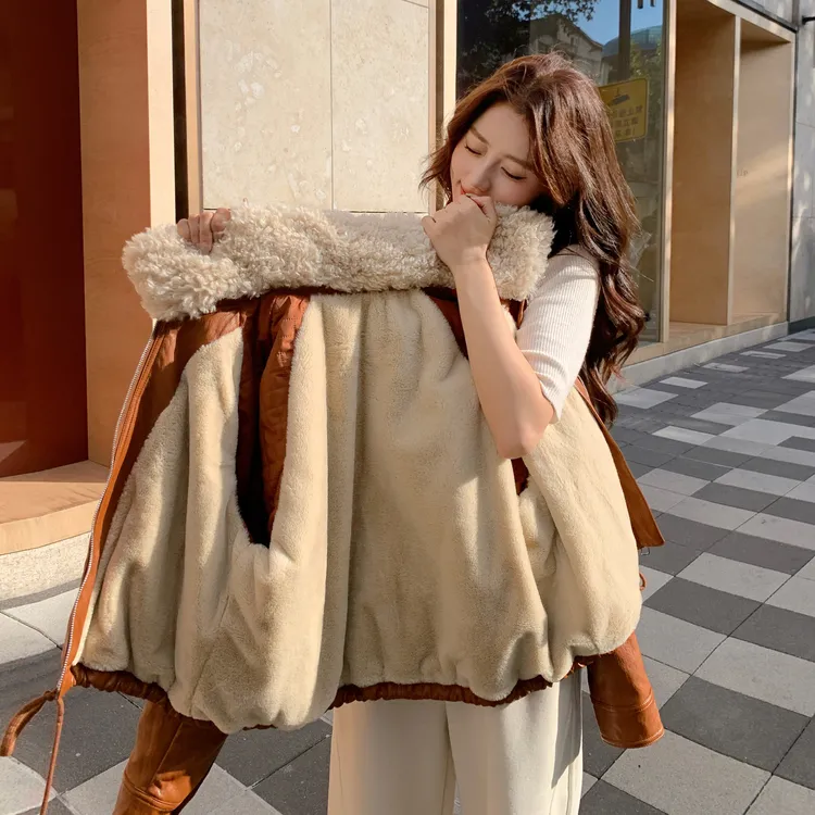 复古美式短款翻领皮衣外套女2025冬季新款酷飒风时髦加绒加厚棉服