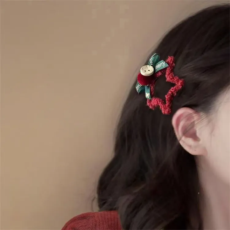 新年红色毛绒星星发夹蝴蝶结刘海BB夹侧边碎发夹发卡圣诞头饰发饰