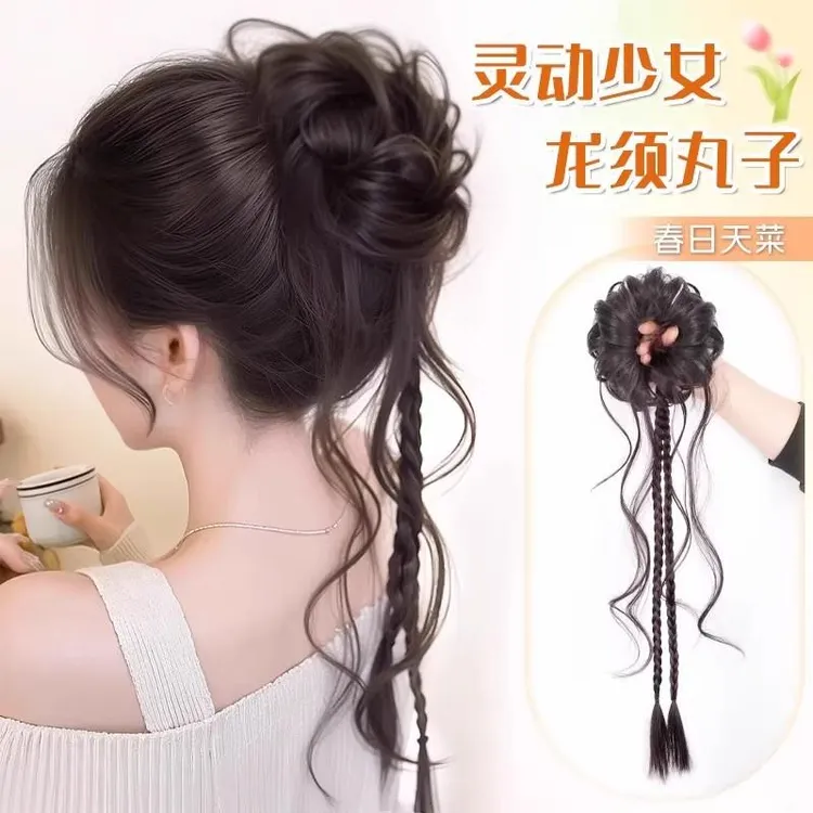 古风侧扎龙须花苞丸子头假发发圈汉服旗袍花苞头假发包麻花拳击辫